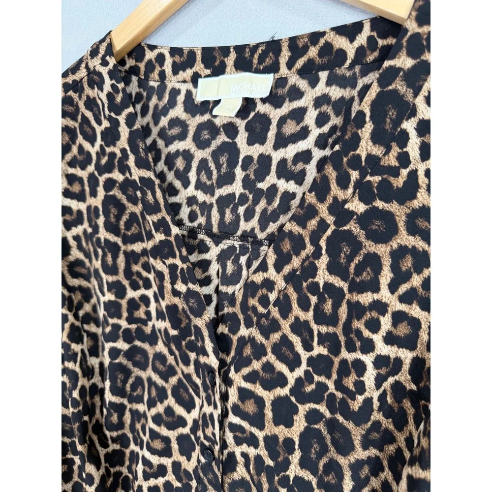 Michael Kors Midi Dress Womens 2X Brown Leopard Print Button Up Long Sleeve